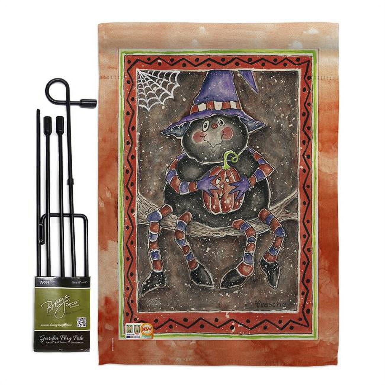 Breeze Decor BD-HO-GS-112066-IP-BO-D-US16-AL 13 x 18.5 in. Spider Holding Pumpkin Fall Halloween Vertical Double Sided Mini Garden Flag Set with Banner Pole