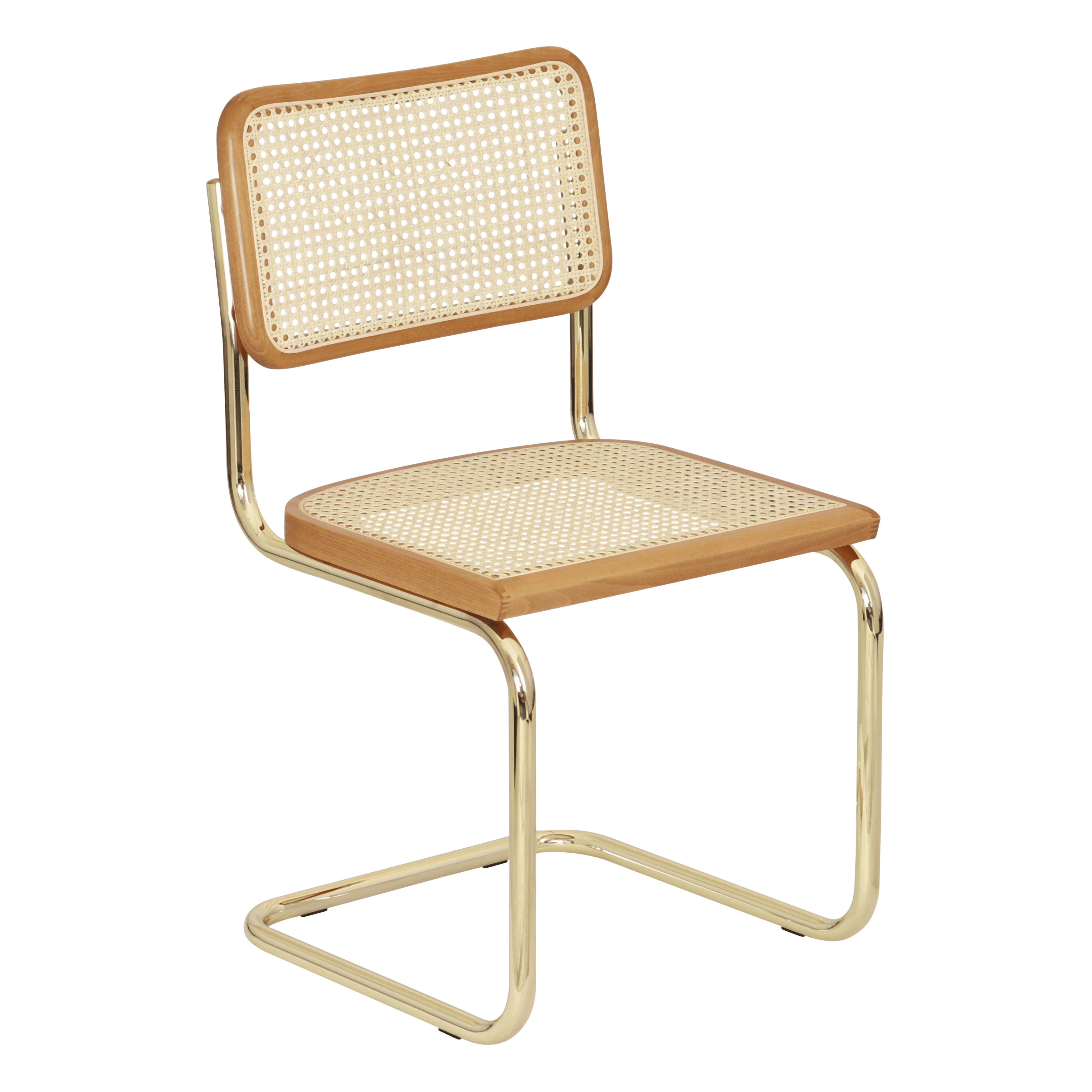 Breuer Chair Company Marcel Breuer B32 Cesca Cane Cantilever Side Chair w/ Brass Steel Frame Honey Oak Wood & Natural Cane (Made in Italy) by Furnish Theory