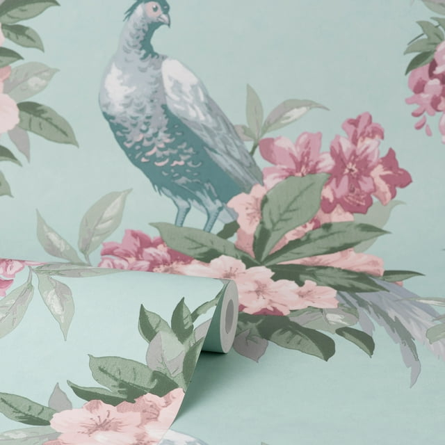 Brewster Home Fashions Golden Pheasant Aqua Floral Wallpaper, 20.5-in by 33-ft, 56.38 sq. ft.