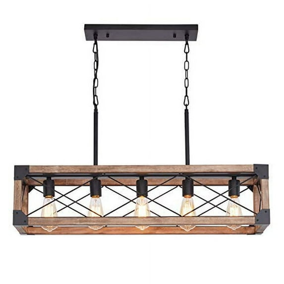 Bribyit Kitchen Island Lighting, 33.5-Inch 5 Lights Farmhouse Linear Chandelier for Dining Room Pool Table Pendant Light Fixture, Rustic Wood Grain Finish, Industrial Pendant Light