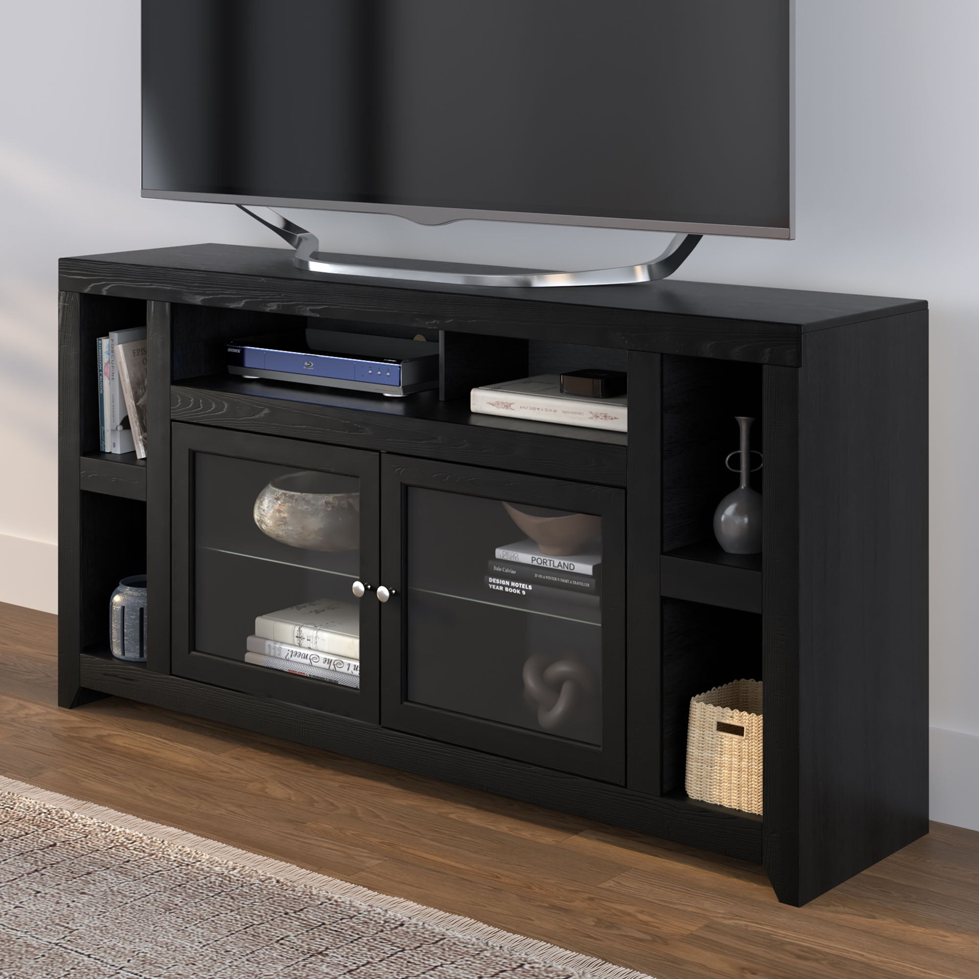Bridgevine Home Contemporary Modern Oak TV Stand for TV's up to 70 Inches, Black