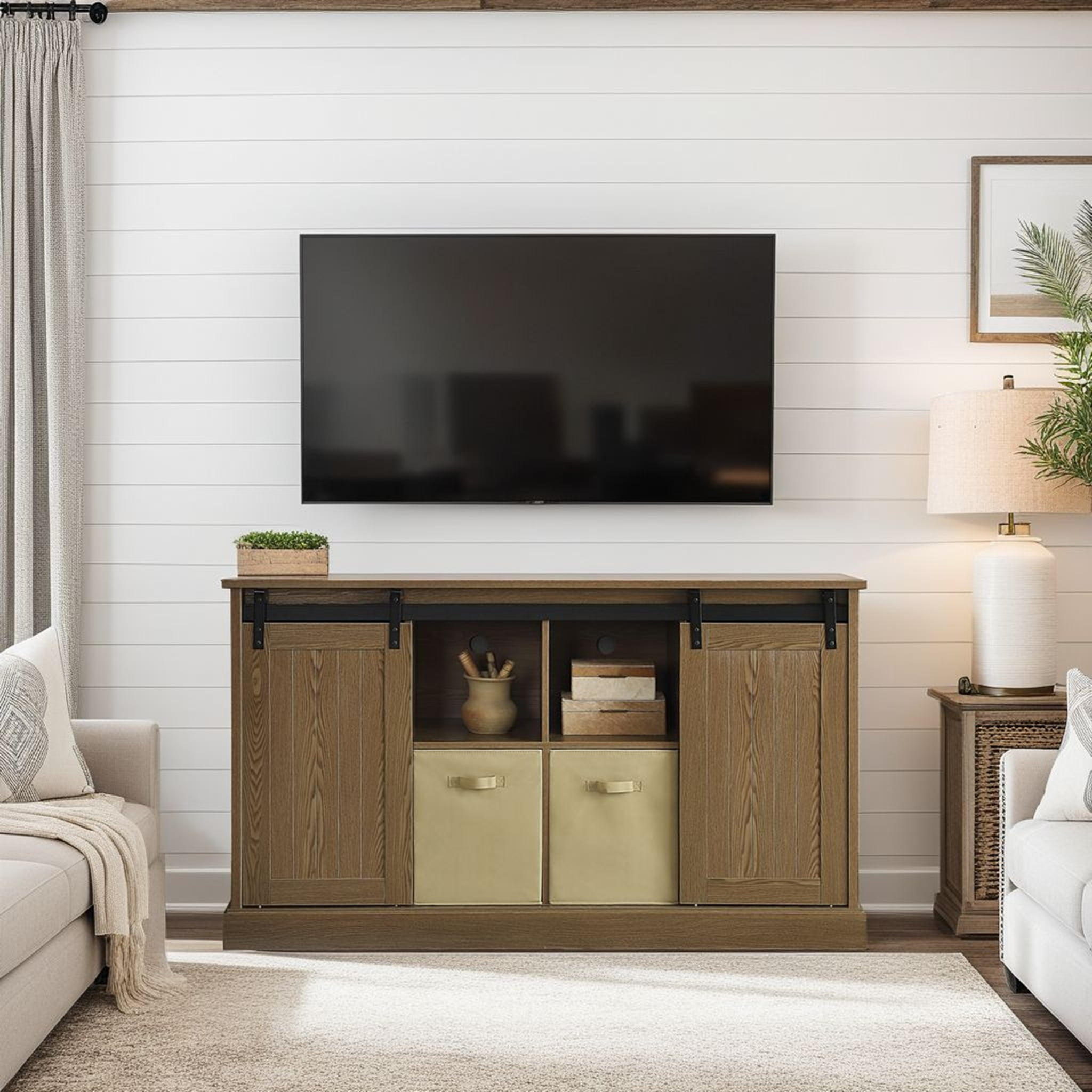 Bridgevine Home Lincoln Farmhouse 60 Inch TV Stand for TVs up to 65 inches, Classic Walnut Finish