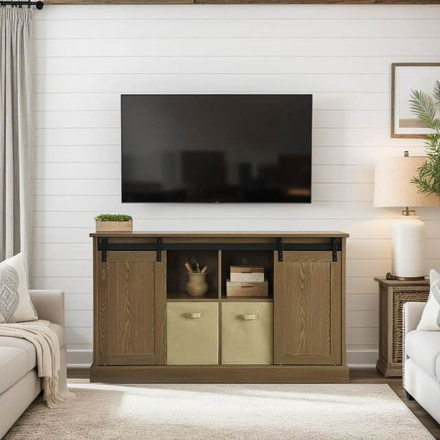 Bridgevine Home Lincoln Farmhouse 60 Inch TV Stand for TVs up to 65 inches, Classic Walnut Finish