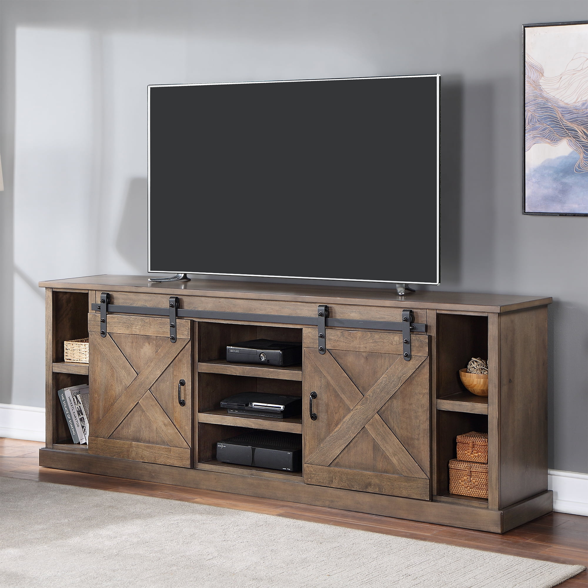 Bridgevine Home Modern Farmhouse 85 Inch TV Stand, Wood TV Stand for 75 Inch TV, Entertainment Center With Sliding Barn Door Storage Cabinets, Solid Wood With Real Wood Veneers