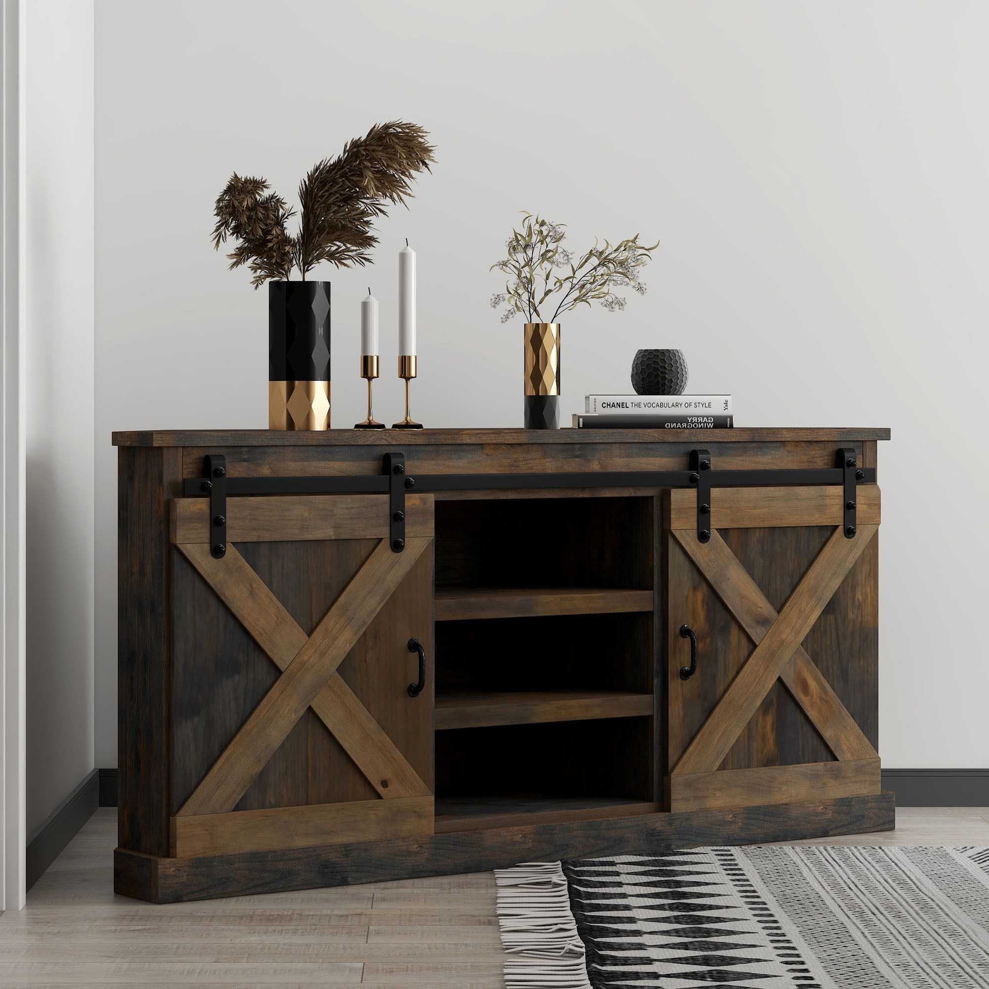 Bridgevine Home Modern Farmhouse Fully Assembled Corner TV Stand with Sliding Barn Style Doors