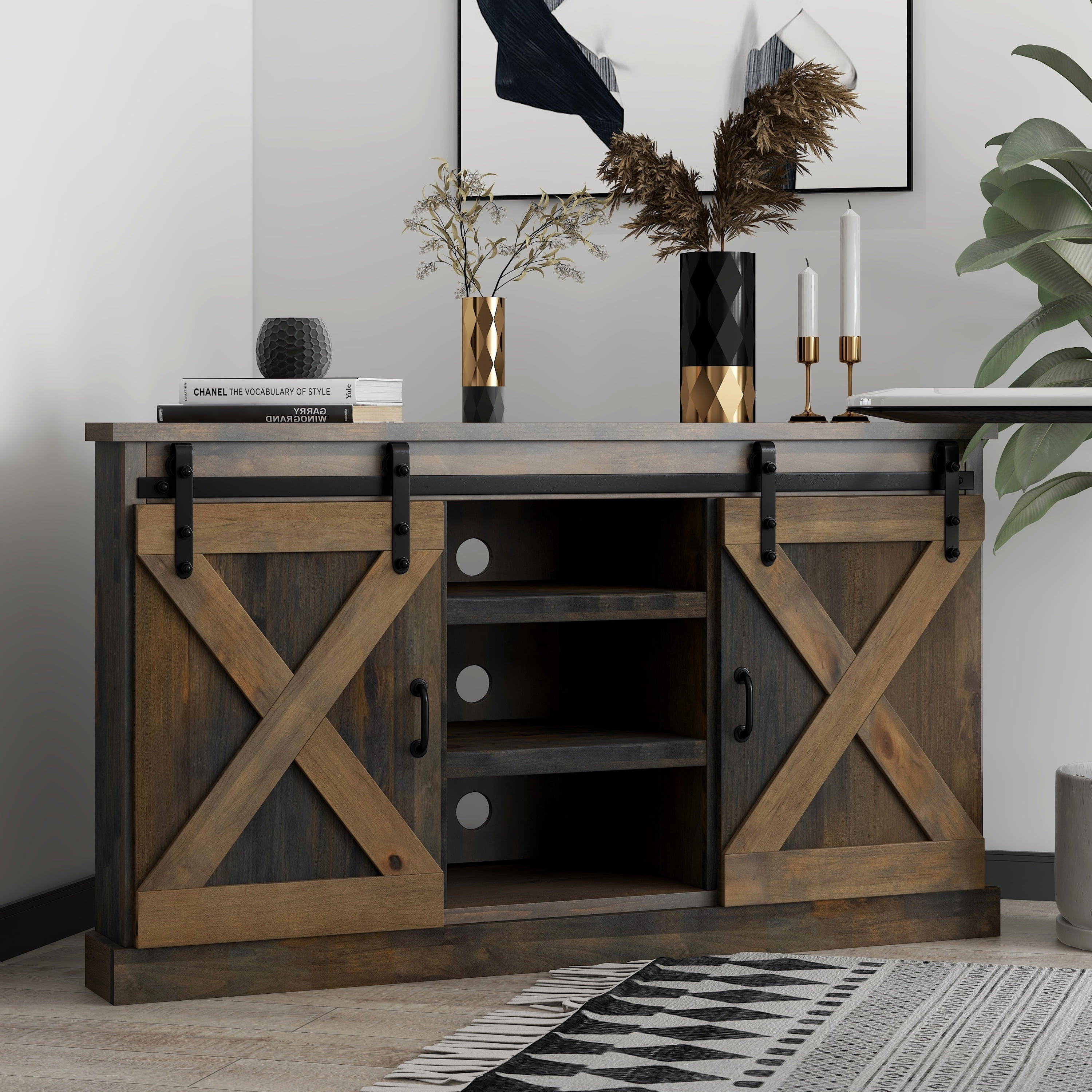 Bridgevine Home Modern Farmhouse Fully Assembled Corner TV Stand with Sliding Barn Style Doors