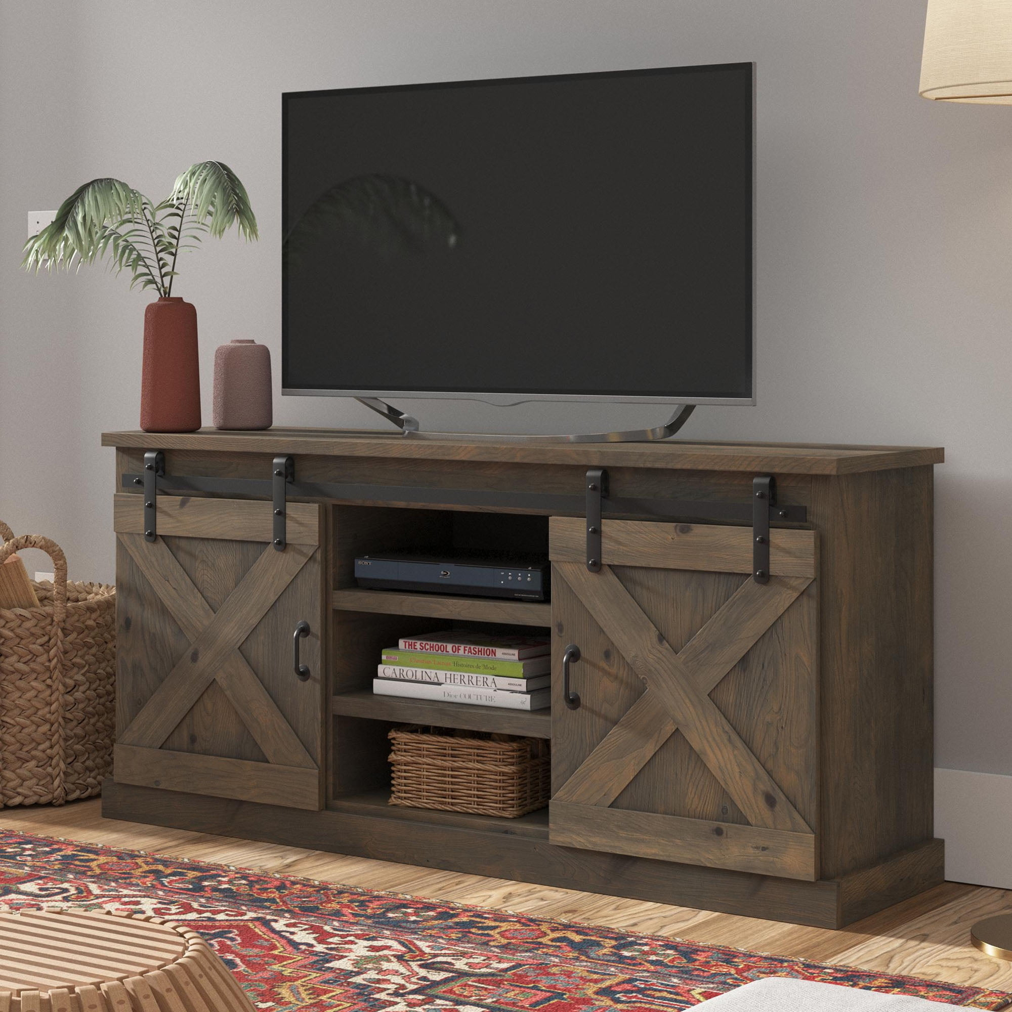 Bridgevine Home Modern Farmhouse Fully Assembled TV Stand with Sliding Barn Style Doors