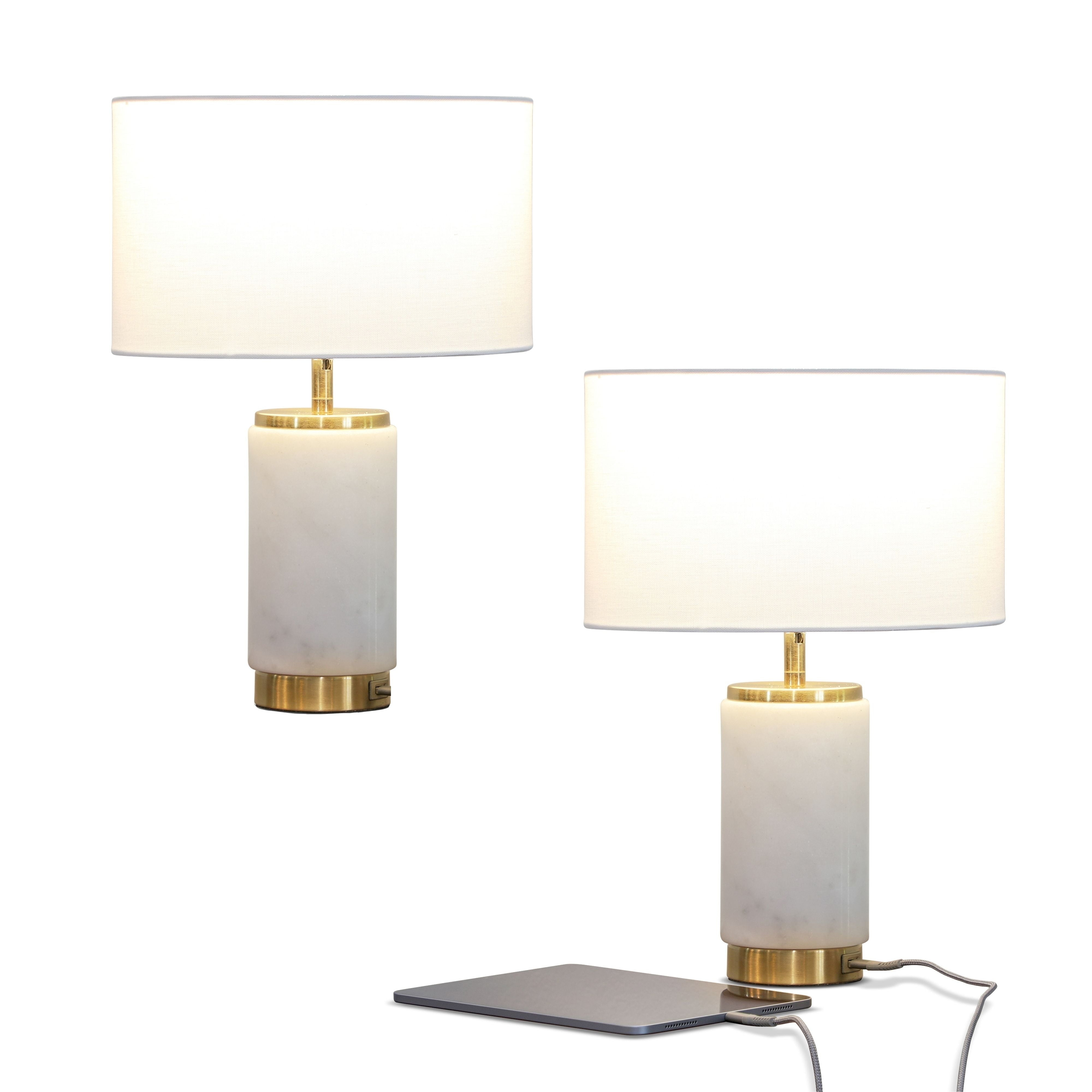 Brightech Arden LED Table Lamp Set with USB Port - Bedside Reading Lamp, Modern Desk Lamp, Nightstand Lamp with Ambient Lighting for Bedroom, Living Room, Office -Stylish Lampshade & Marble Finish