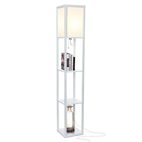 Brightech Maxwell - Modern LED Shelf Floor Lamp - Skinny End Table & Nightstand for Bedroom - Combo Narrow Side Table with Standing Accent Light Attached - Asian Tower Book Shelves - White