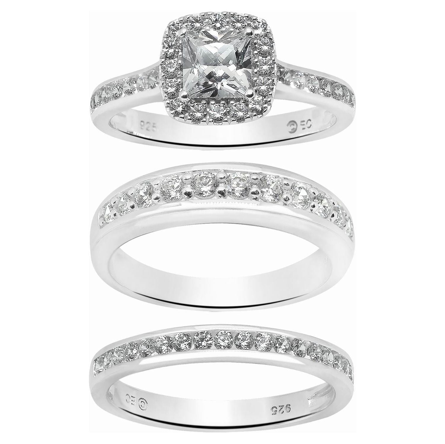 Brilliance Fine Jewelry Cushion Cut Simulated Diamond Engagement Ring Trio Set in Sterling Silver