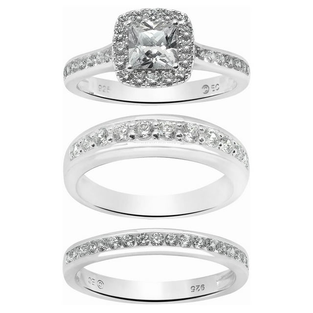 Brilliance Fine Jewelry Cushion Cut Simulated Diamond Engagement Ring Trio Set in Sterling Silver