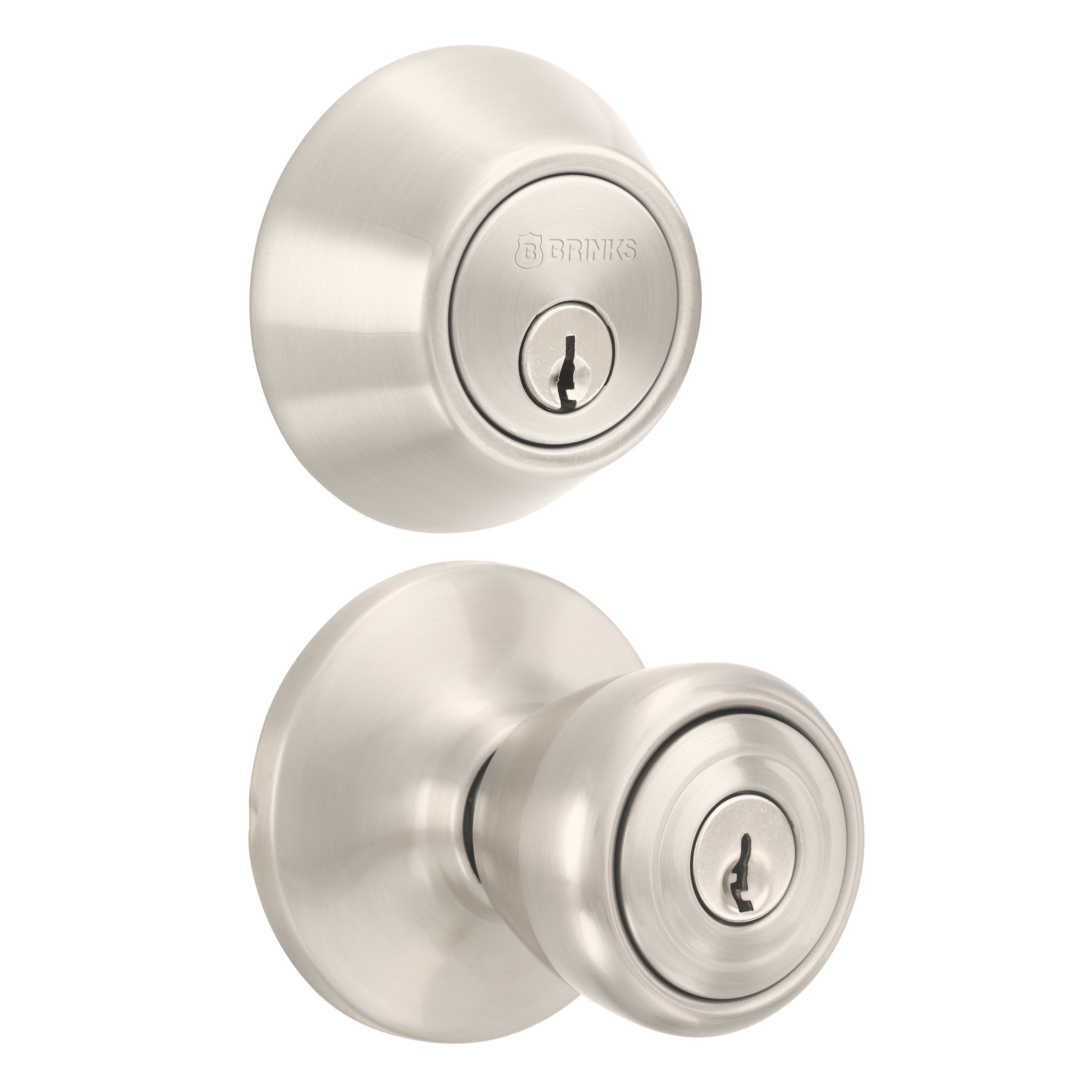 Brinks Keyed Entry Tulip Style Doorknob and Deadbolt Combo, Satin Nickel Finish