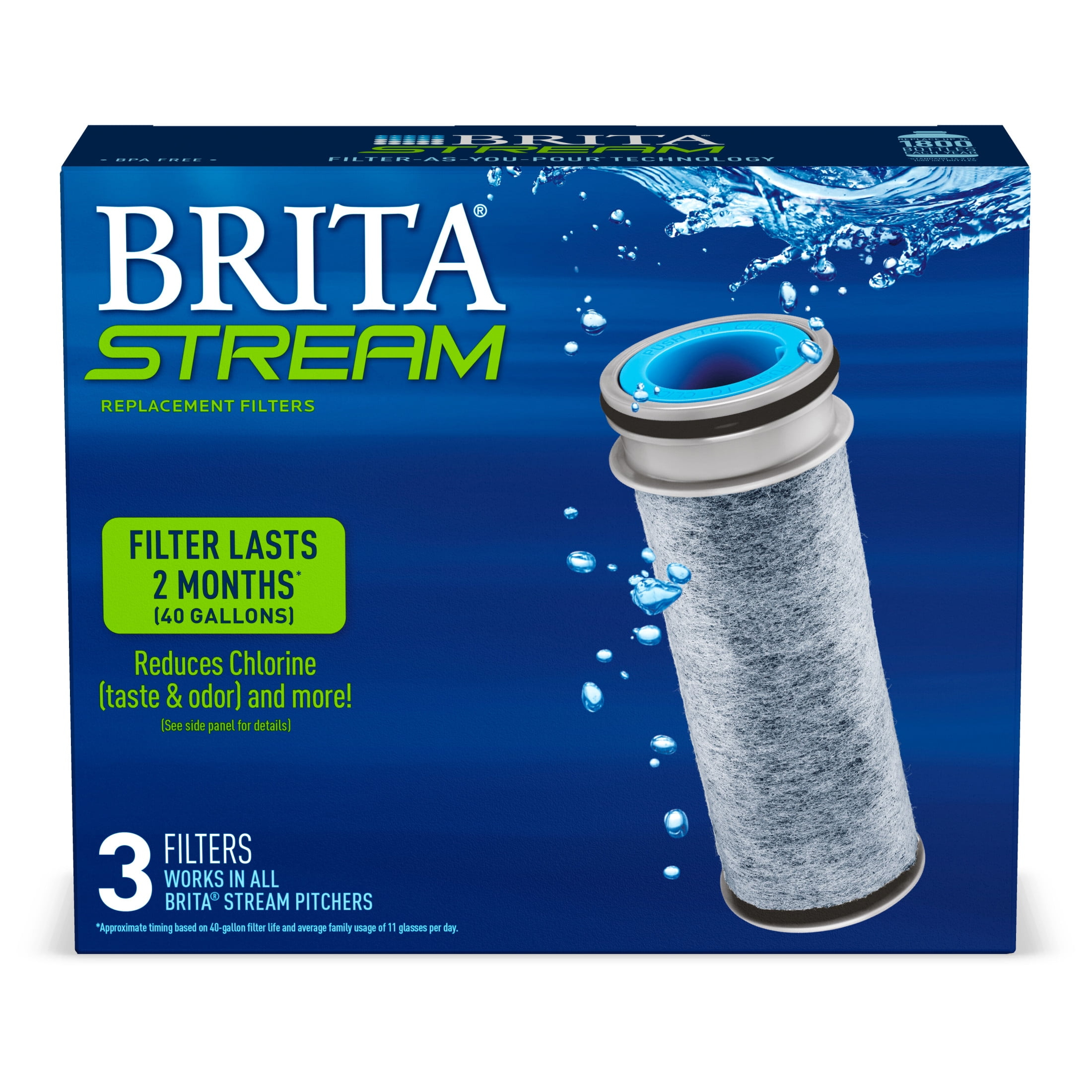 Brita Stream Water Filter, Stream Pitcher Replacement Water Filter, BPA Free, 3 Count