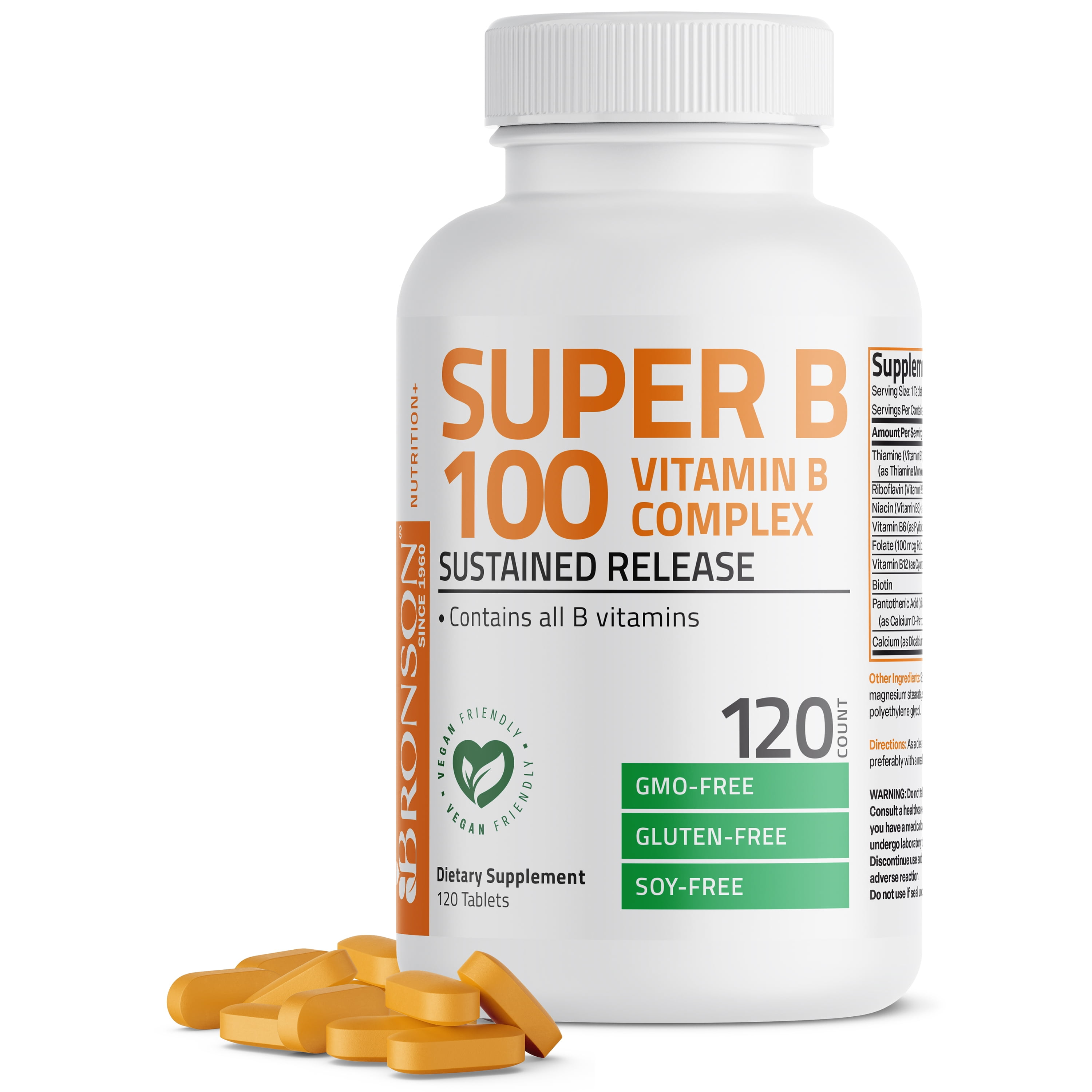 Bronson Vitamin B 100 Complex High Potency Sustained Release (Vitamin B1, B2, B3, B6, B9 - Folic Acid, B12), 120 Tablets