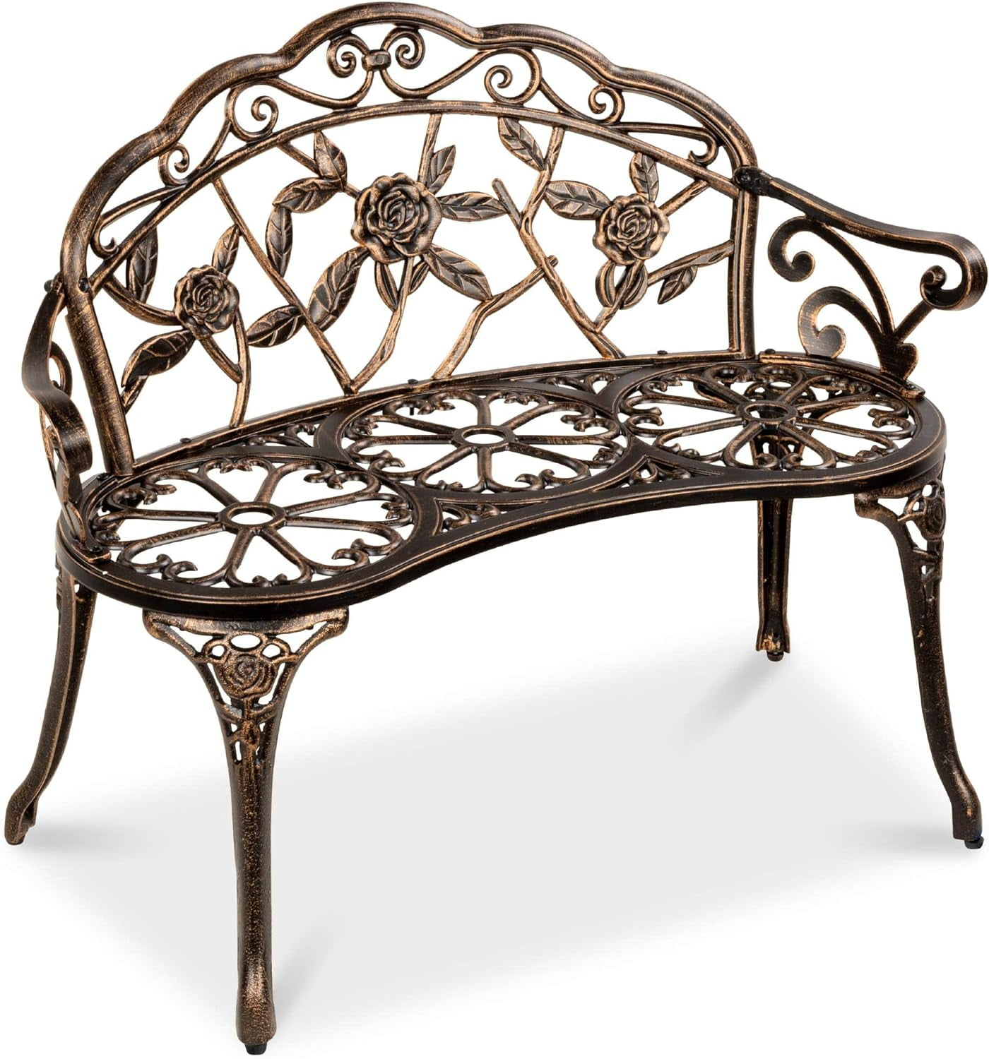 QSHIMY Patio Garden Bench Park Metal Rose Outdoor Benches, Aluminium Vintage Antique Furniture Chair Outside Benches Weather Proof Bench for Outdoor Porch, Lawn, Balcony, Backyard, Bronze