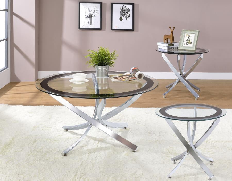 Coaster 3-piece Round Glass Top Metal Base Coffee Table Sets Chrome and Black