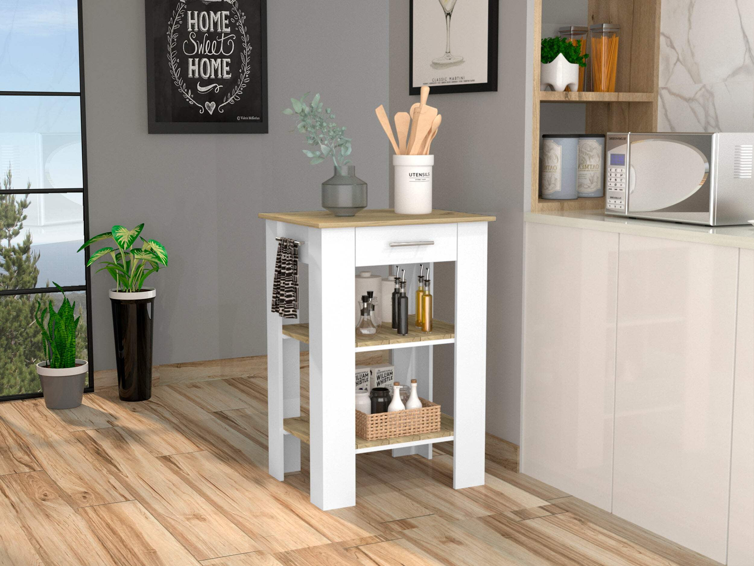 FM FURNITURE LLC Brooklyn 23 Kitchen Island ,White / Light Oak