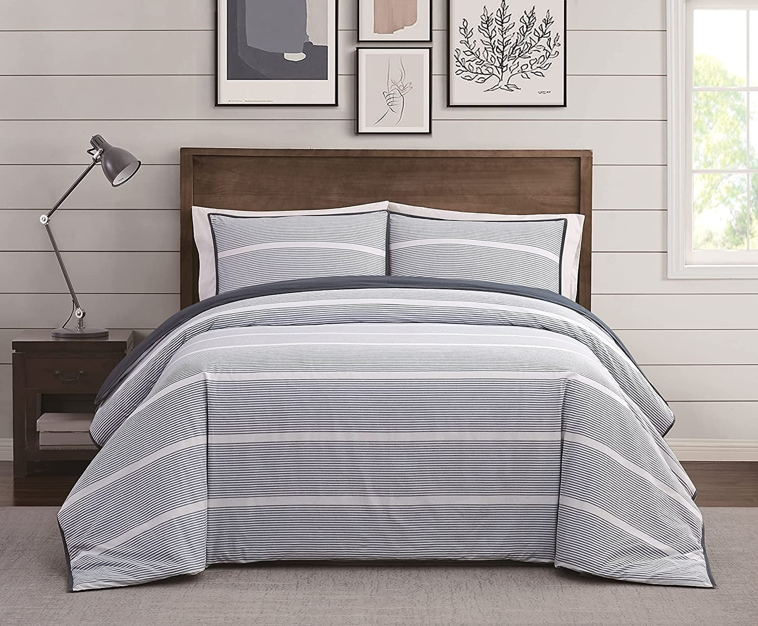 Brooklyn Loom - 3-Piece Full/Queen Comforter and Sham Set - Niari Yarn Dye Stripe Cotton Collection - Blue CS4175BLFQ-1500 Full/Queen Blue Comforter Set