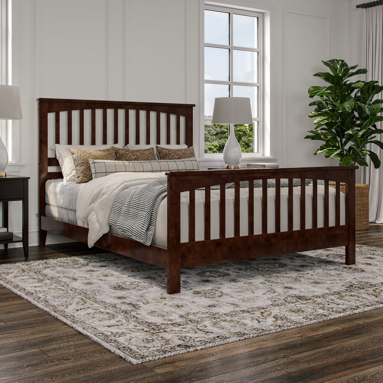 Brooklyn Queen Wood Foundation Bed with Matching Footboard in Walnut
