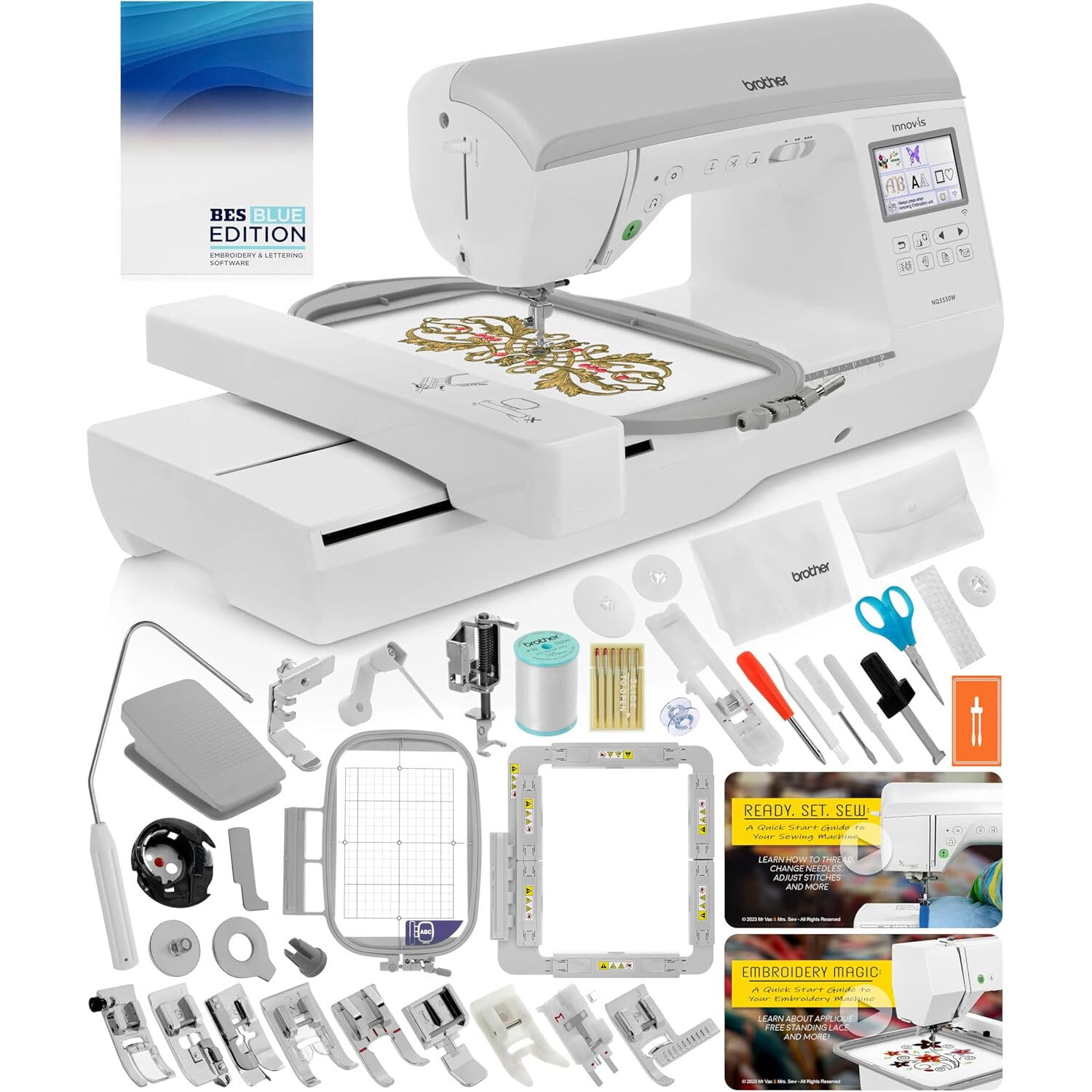 Brother NQ3550W Sewing & Embroidery Machine, 6" x 10" Field Size, 291 Stitches, Includes BES Lettering Software + Brother Magnetic SAMF180 Hoop + Mr. Vac & Mrs. Sew - Embroidery + Sewing Videos