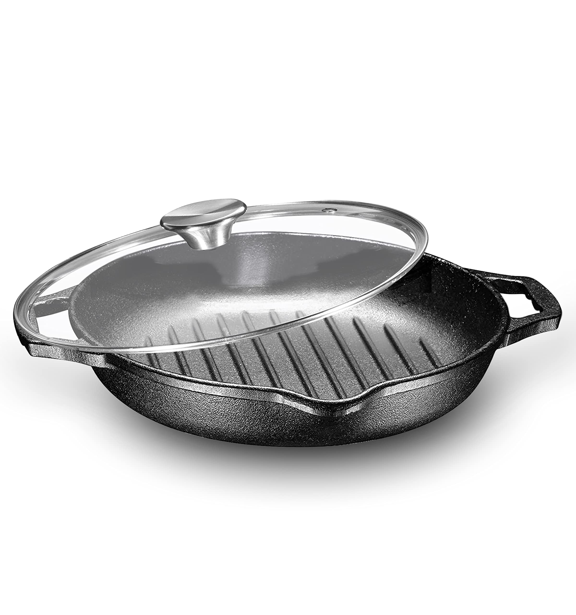 Bruntmor Enameled Cast Iron Skillet with Glass Lid | 10 Inch Deep Round Grill Pan and Frying Pan with Double Loop Handles | Black | Flat Cast Iron Skillet