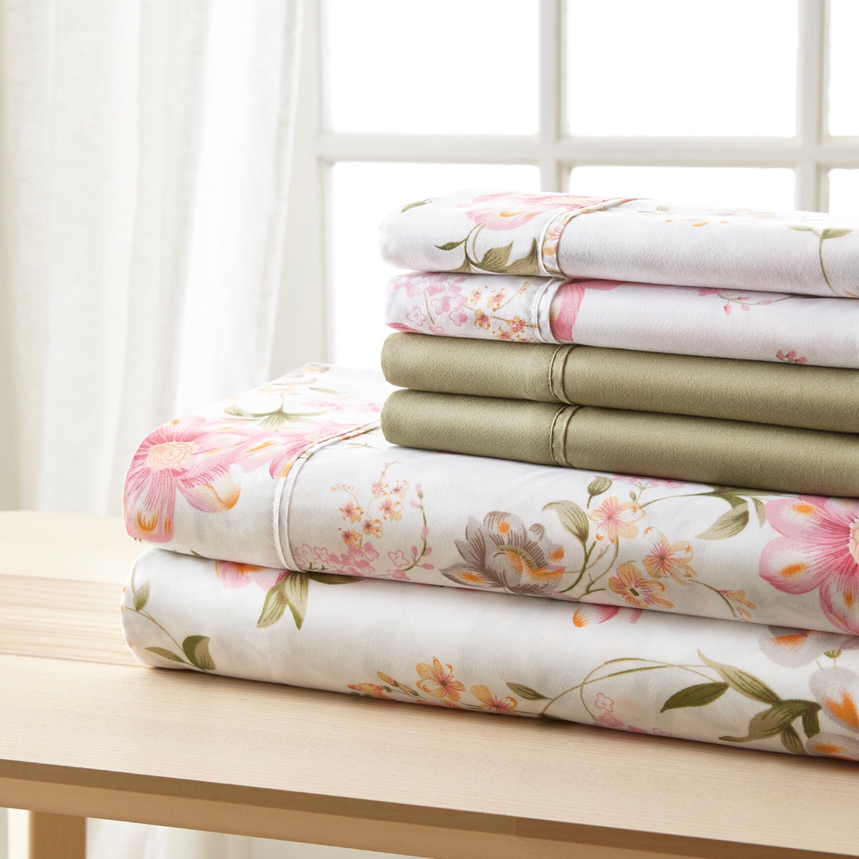 BrylaneHome 6-Pc Traditional Floral Sheet Set - Full, Pink Green Floral