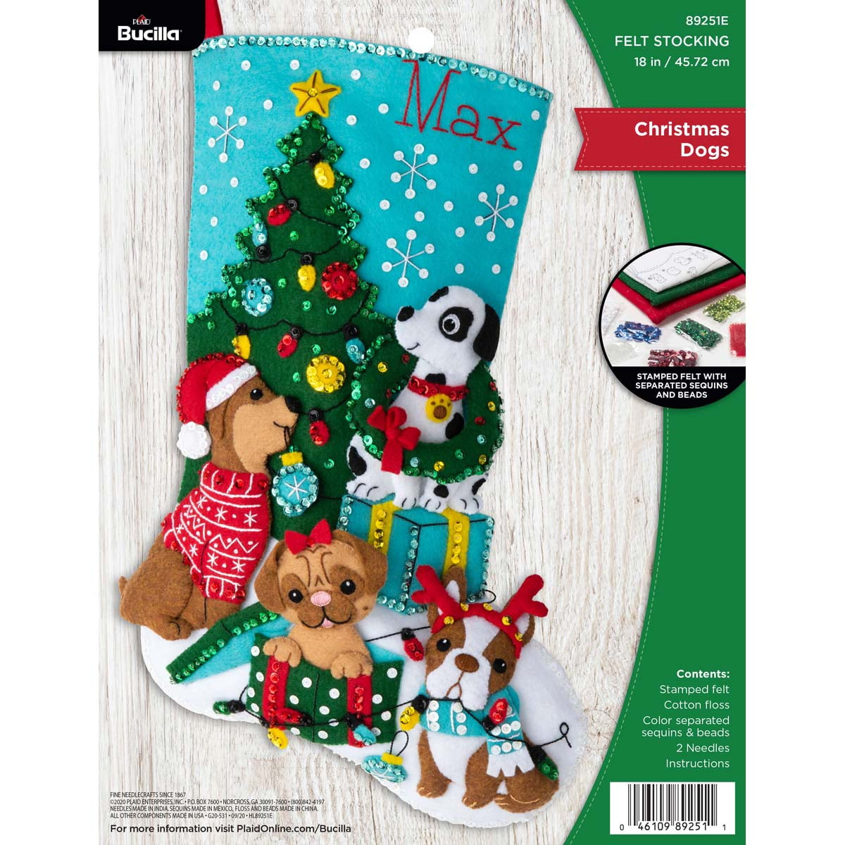 Bucilla Felt Applique DIY Christmas Stocking Kit, Christmas Dogs, 18"