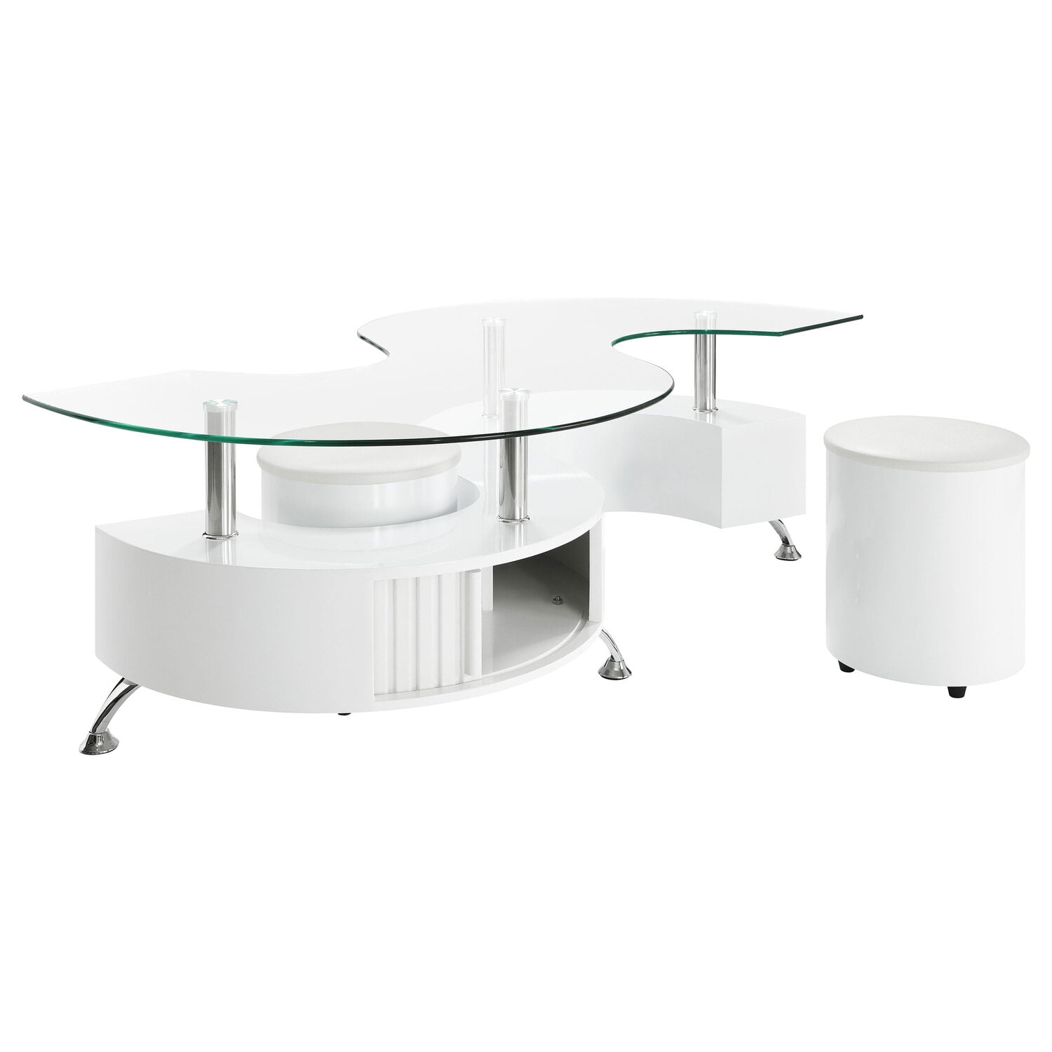 Coaster Buckley Wood Curved Glass Top Coffee Table With Stools in White