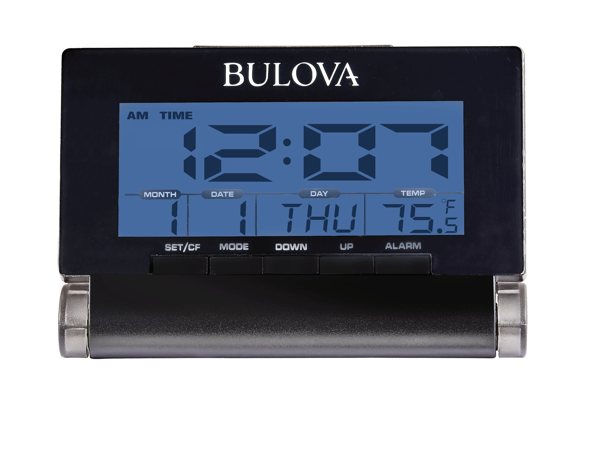 Bulova Model B1707 Travel Time LCD quartz alarm clock that measures room tempurature in Fahrenheit or Celsius.