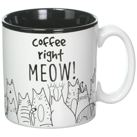 BnB Cat Lovers Mug Coffee Right Meow Funny Message Novelty Ceramic Cup for Java, Hot Tea or Hot Chocolate 13 oz 3.75 in H x 5 in W x 3.5 in D, Black and White with Feline Animated drawings, One in box