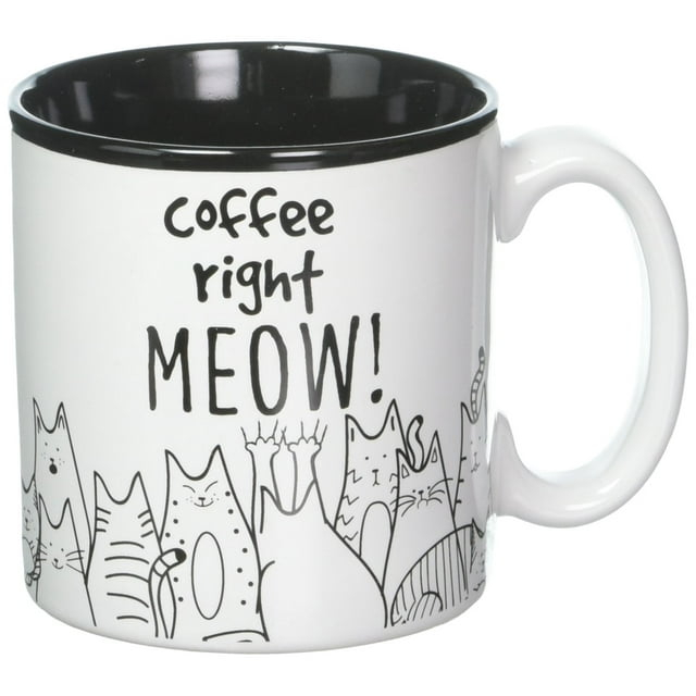 BnB Cat Lovers Mug Coffee Right Meow Funny Message Novelty Ceramic Cup for Java, Hot Tea or Hot Chocolate 13 oz 3.75 in H x 5 in W x 3.5 in D, Black and White with Feline Animated drawings, One in box
