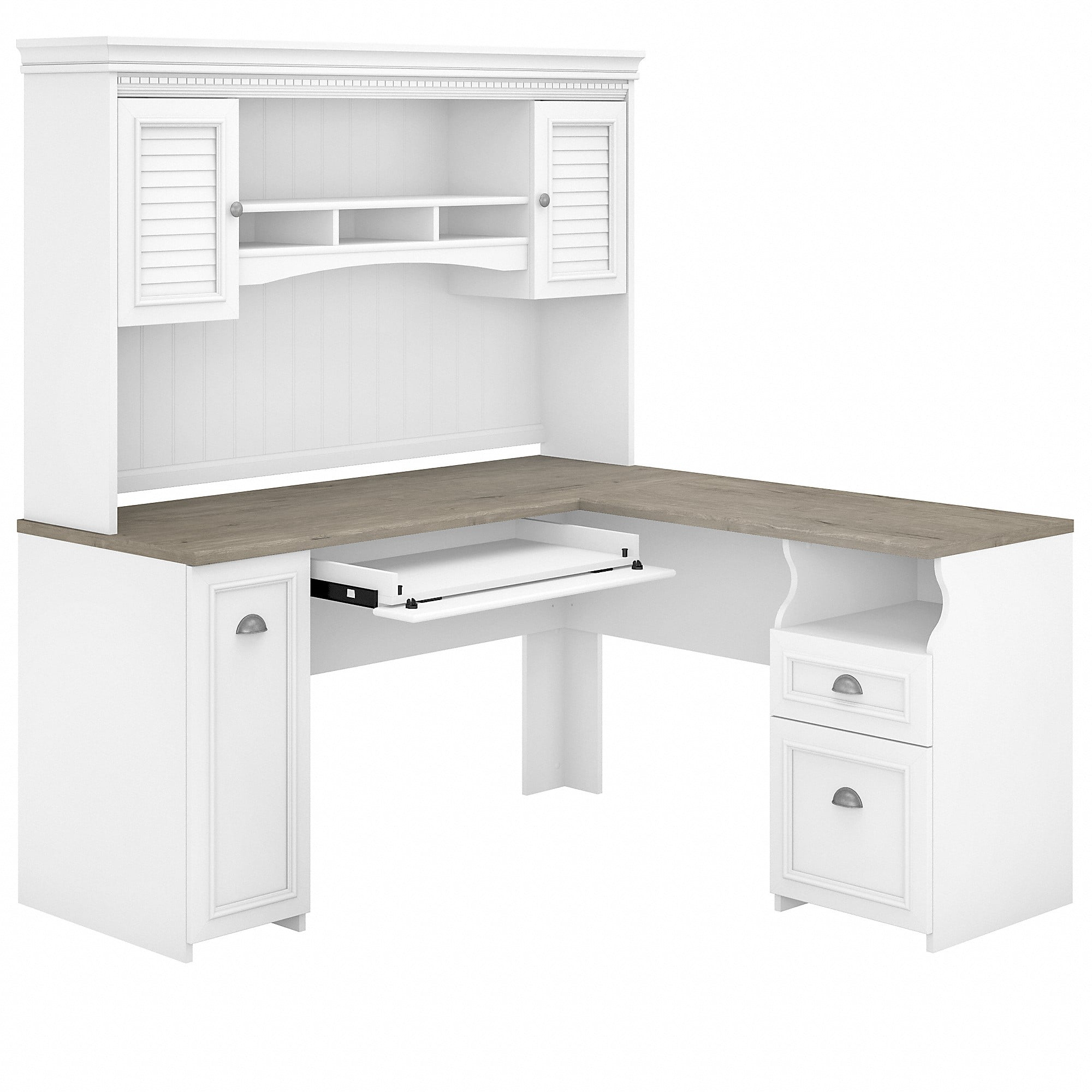 Bush Furniture Fairview 60" W L Shaped Desk with Hutch, White/Gray