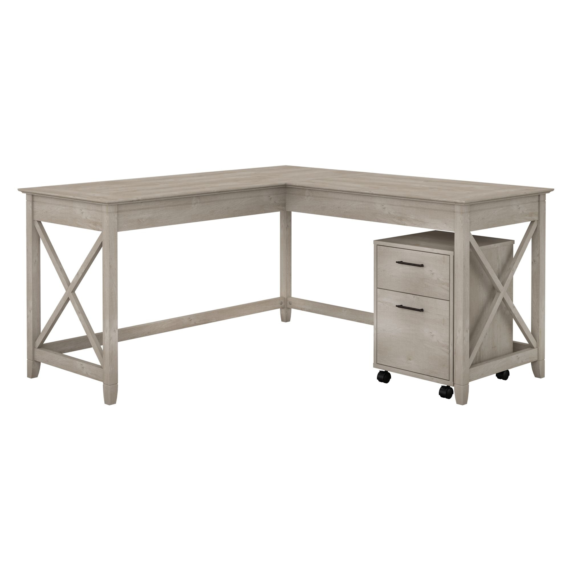 Bush Furniture Key West 60W L Shaped Desk with 2 Drawer Mobile File Cabinet in Washed Gray