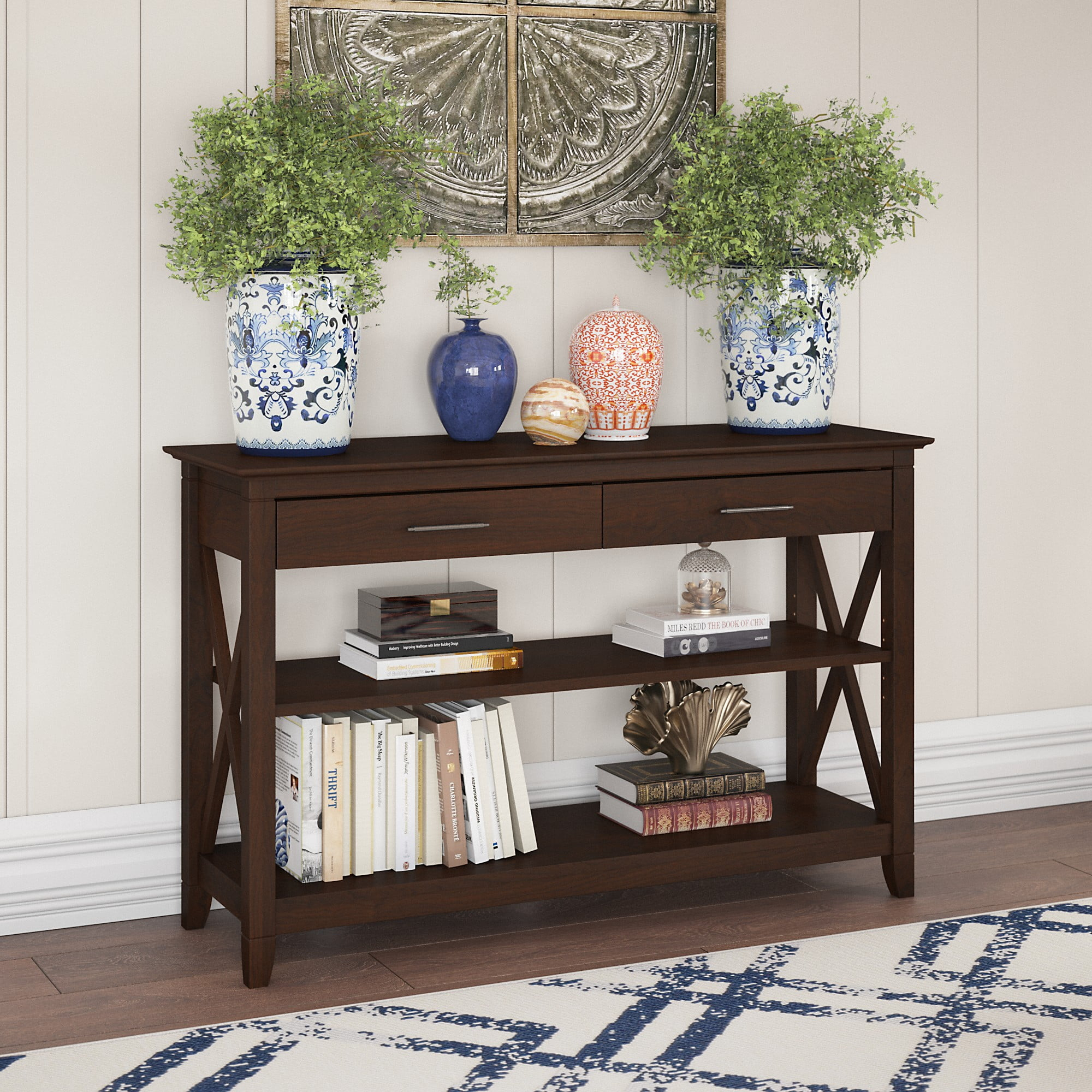 Bush Furniture Key West Console Table with Drawers and Shelves in Bing Cherry