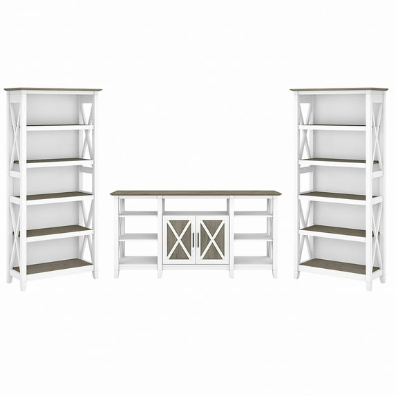 Bush Furniture Key West Tall TV Stand with 2 Bookcases, Pure White & Shiplap Gray
