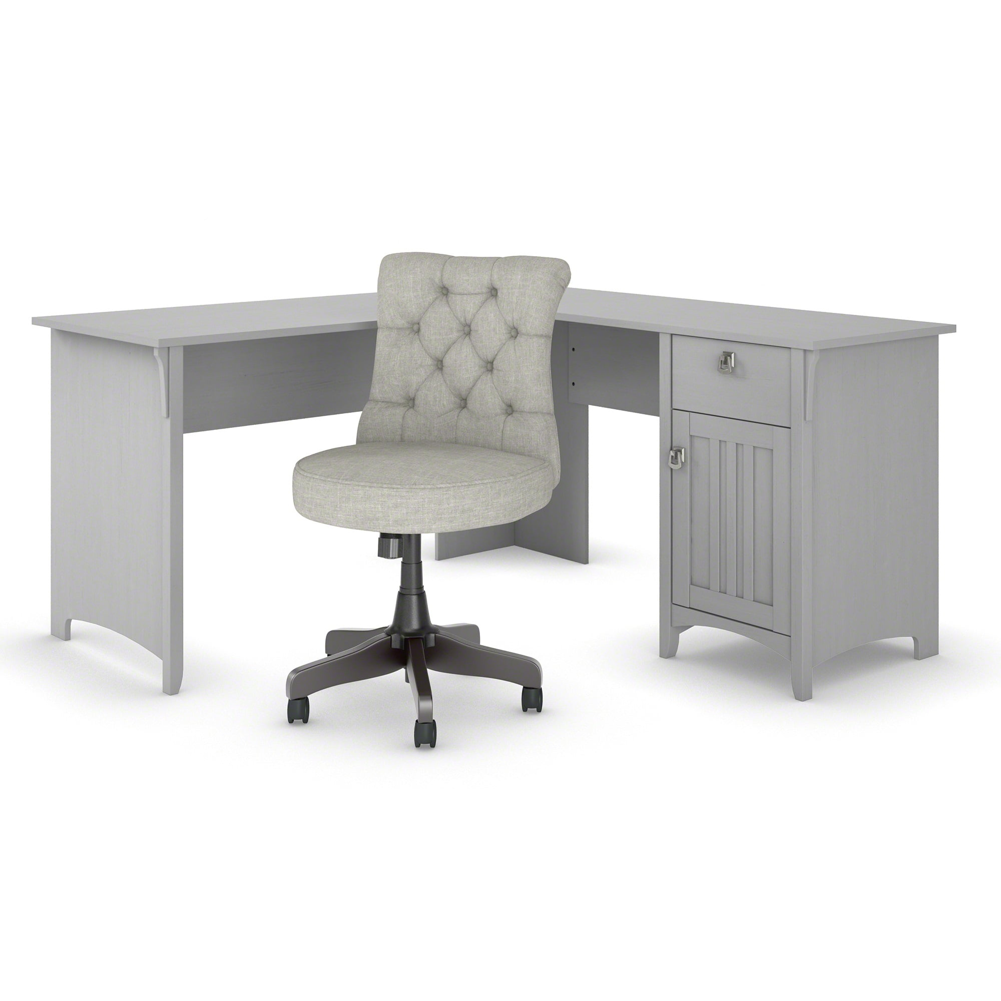 Bush Furniture Salinas 60W L Shaped Desk Set with Mid Back Tufted Office Chair in Cape Cod Gray (Ships in 2 boxes)
