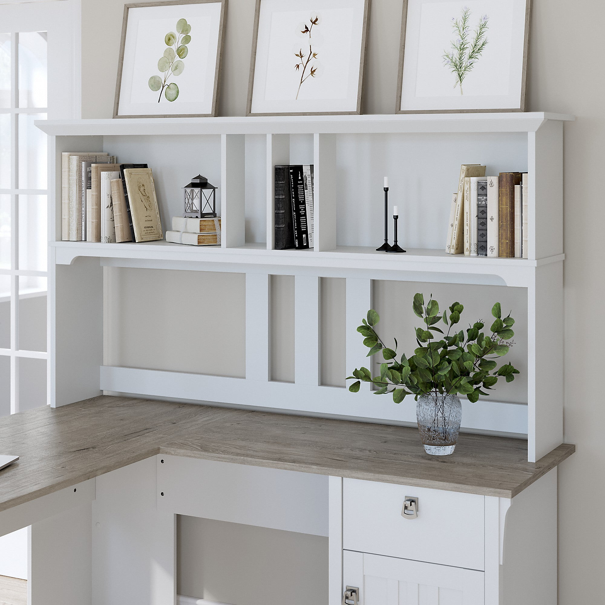 Bush Furniture Salinas Farmhouse 60W Hutch with Storage in Shiplap Gray and White - fits L Shaped Desk (sold separately)