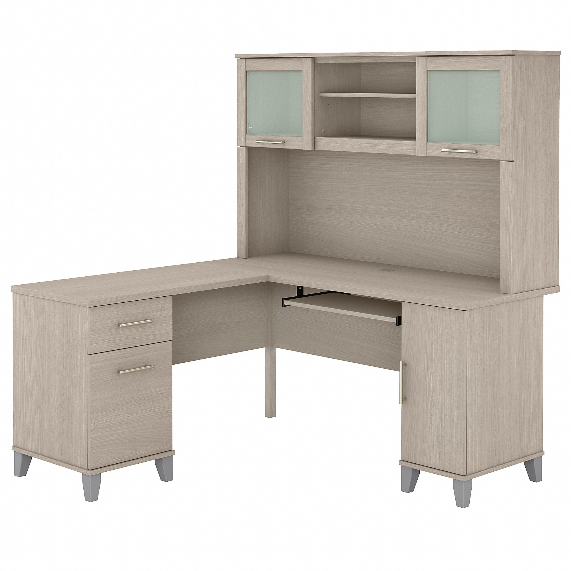 Bush Furniture Somerset 60" L Desk and Hutch with Storage, Sand Oak