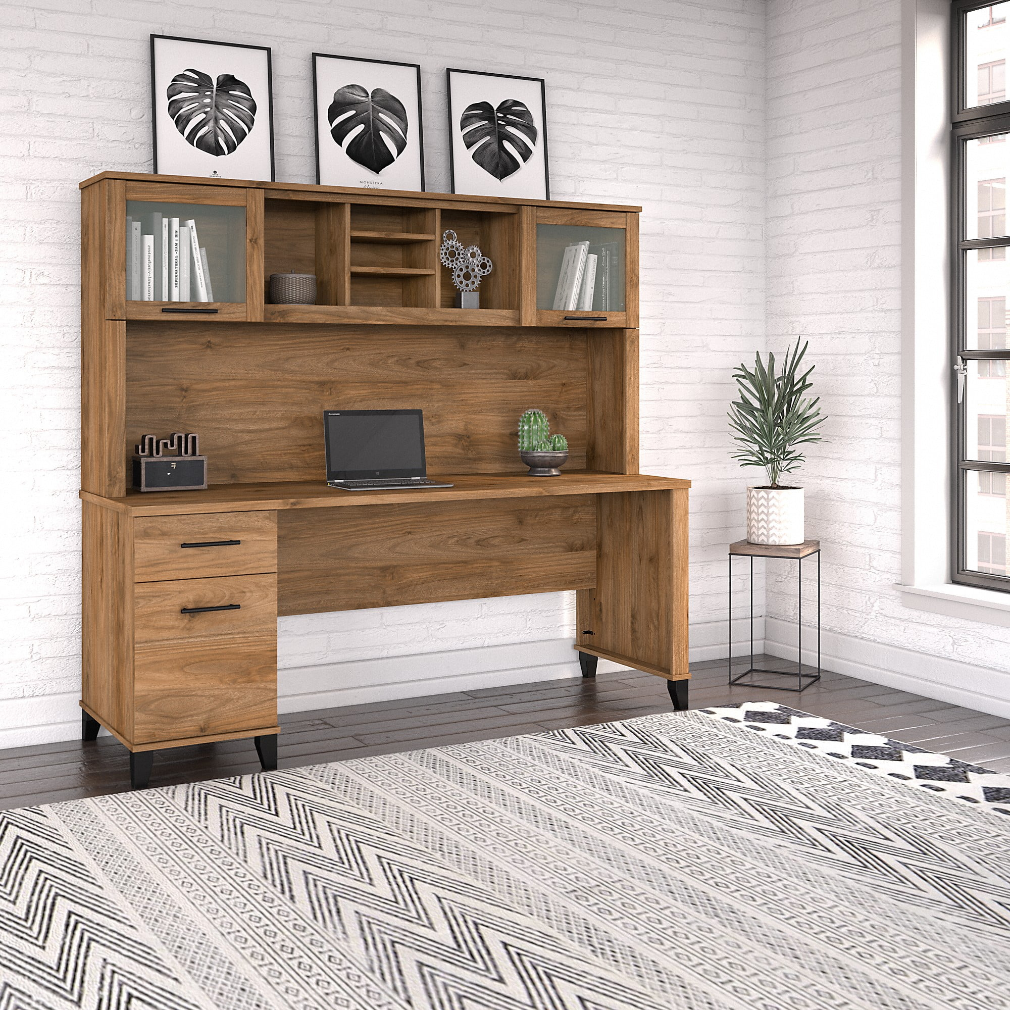 Bush Furniture Somerset 72 in Desk with Hutch with File Drawer, Open and Closed Storage in Fresh Walnut