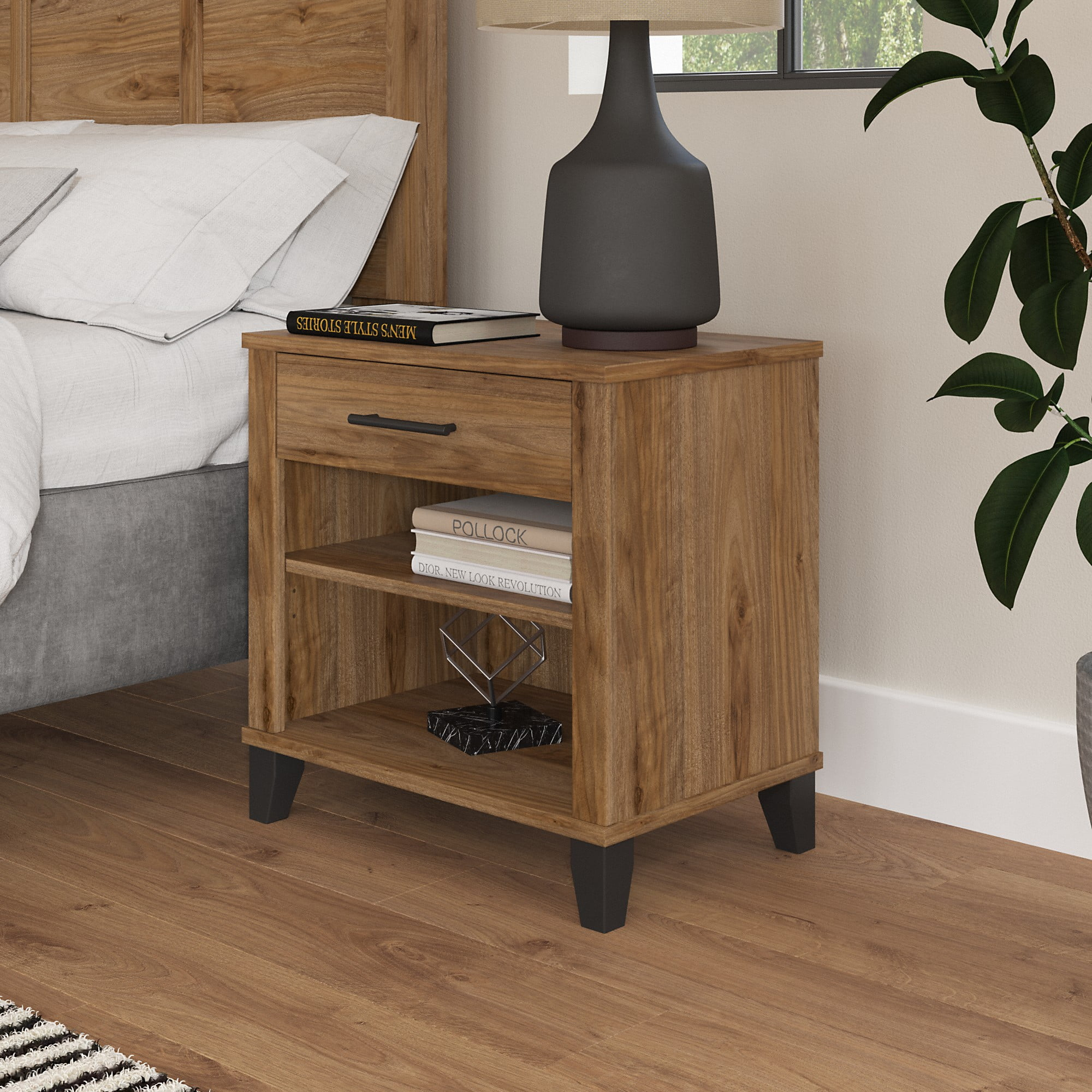Somerset Nightstand with Drawer and Shelves in Fresh Walnut - Engineered Wood