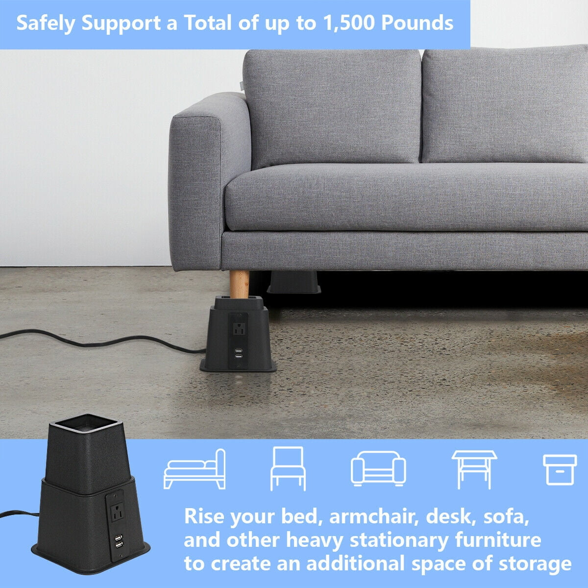 Butizone Bed Riser with Power Outlet and USB Ports, Adjustable Heavy Duty Furniture Riser Bed Lifts for Bed, Sofa and Table Set of 4, Black