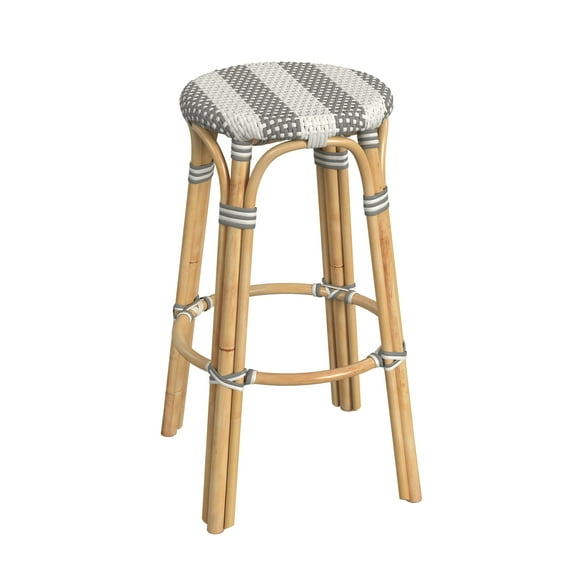 Butler Specialty Company Tobias Round Rattan 30" Bar Stool - Gray & White Stripe