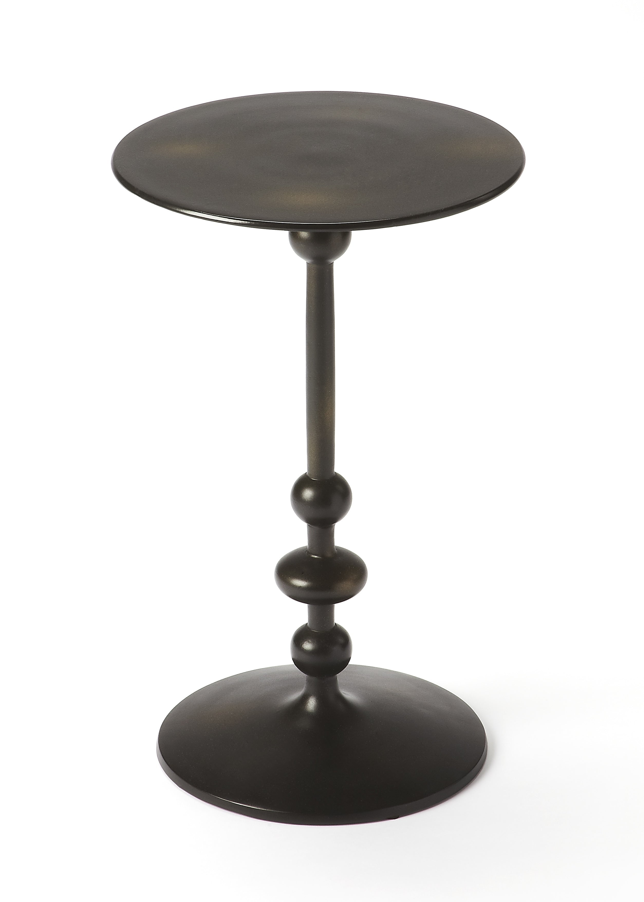 Elegant Round Black Iron and Wood Pedestal End Table
