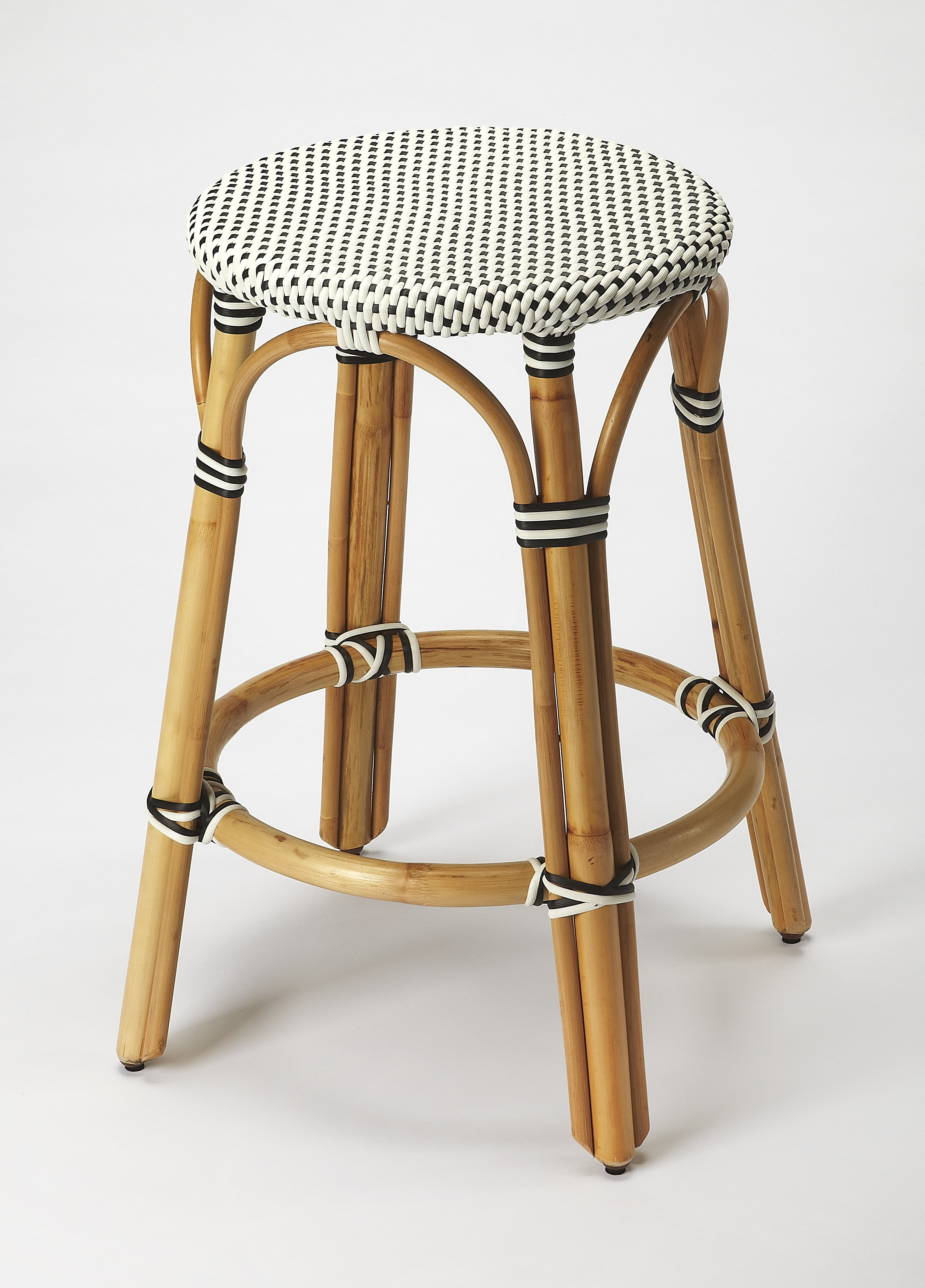 Butler Specialty Rattan Bar Stool Chair in Black With Round Seat & Footrest