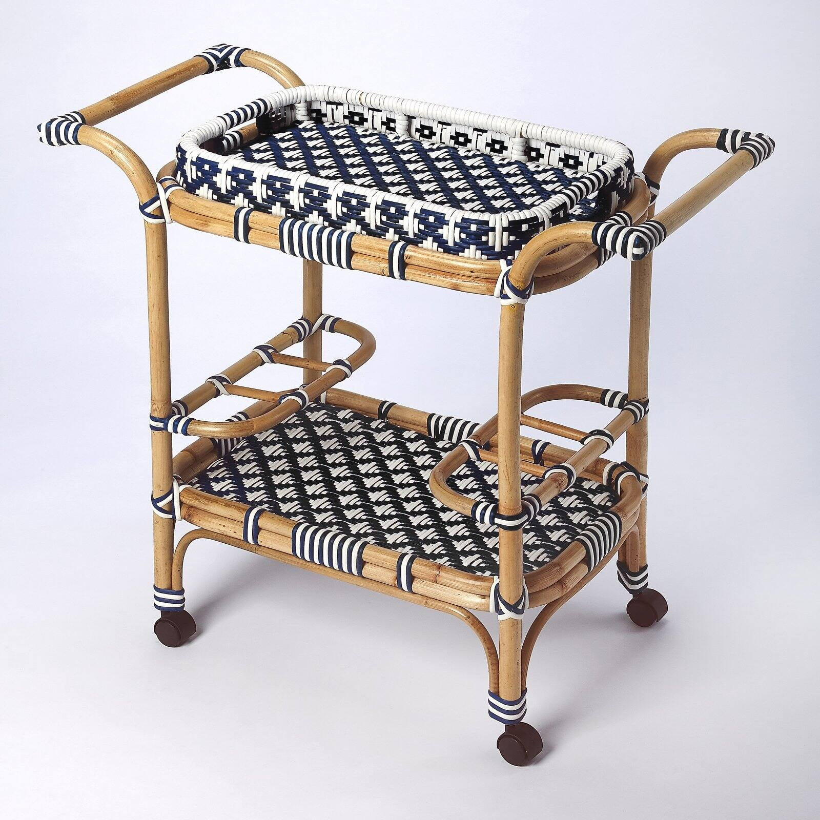 Butler Specialty Selena Rattan Bar Cart In Blue And White