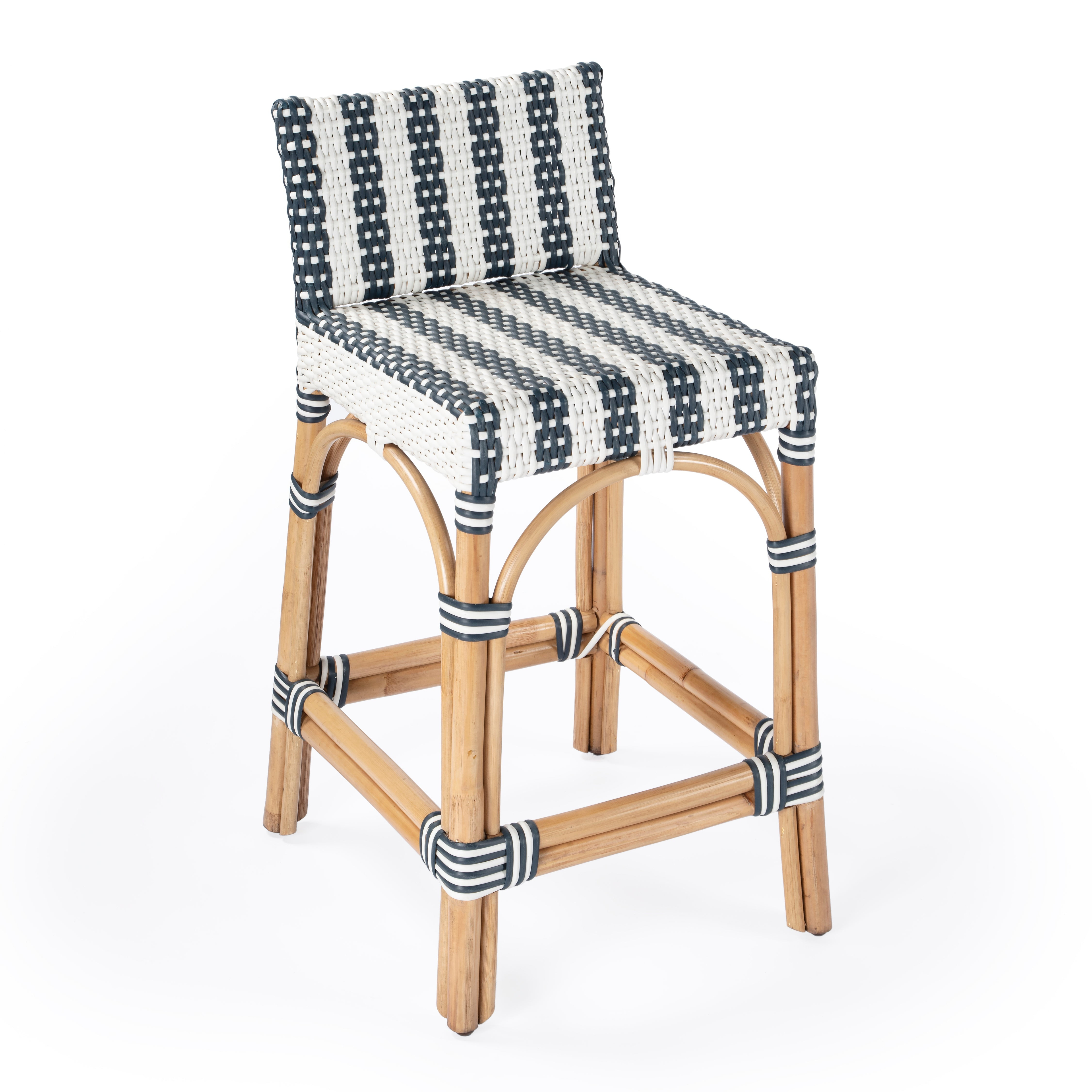 Butler Specialty Serienna Rattan Low Back 24.5" Counter Stool - Navy & White