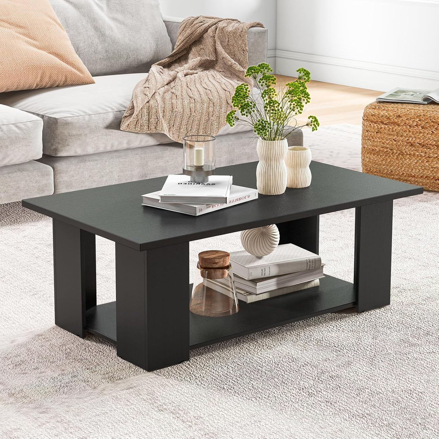 BuySphere Rectangle Wood Center Table, 41" L 2-Tier Large Modern Tea Table w/Open Compartment, Easy Assembly, Accent Coffee Table for Living Room, Reception Room, Black