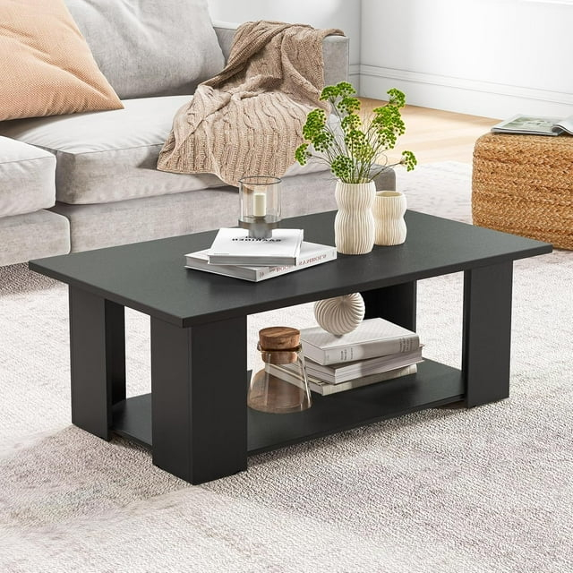 BuySphere Rectangle Wood Center Table, 41" L 2-Tier Large Modern Tea Table w/Open Compartment, Easy Assembly, Accent Coffee Table for Living Room, Reception Room, Black