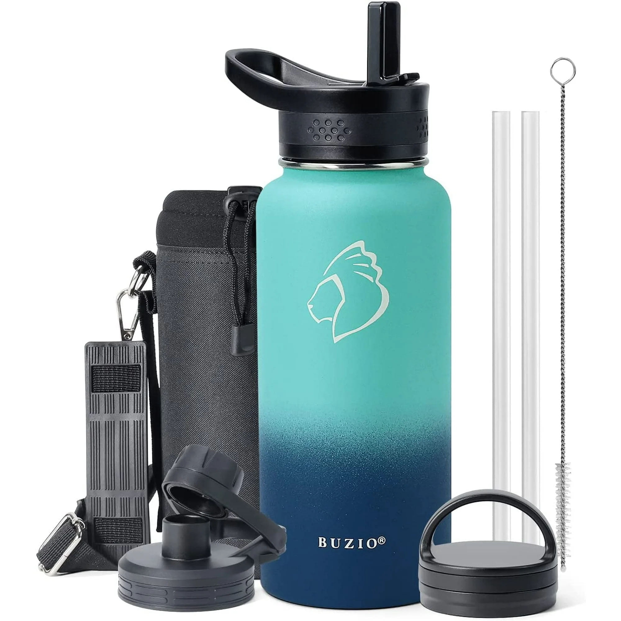 Buzio 32 oz Insulated with Straw & Brush Vaccum Stainless Steel Metal 3 Lids Water Flask for Sports, Gym or Office Keep Cold 48H Hot 24H，Pacific Prince