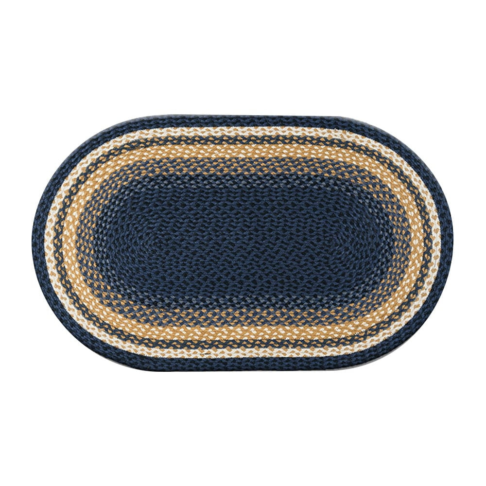 C-079 Light & Dark Blue, Mustard Braided Rug, Oval 27" x 45"